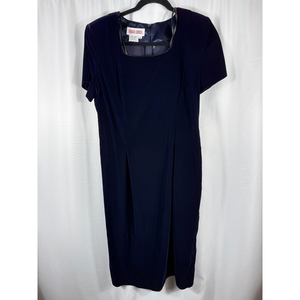 Vintage Maggy London Navy Blue‎ Velvet Square Neck Sheath Dress Size 10 90s